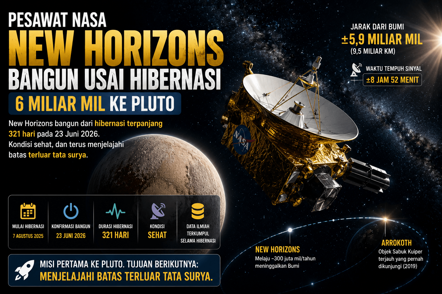 Pesawat NASA New Horizons Bangun Usai Hibernasi 6 Miliar Mil ke Pluto