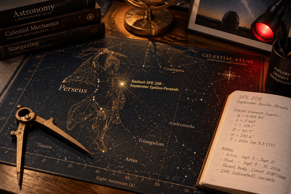 Peta astronomi titik pancar rasi Perseus kode IMO 208 SPE untuk hujan meteor September Epsilon-Perseid.