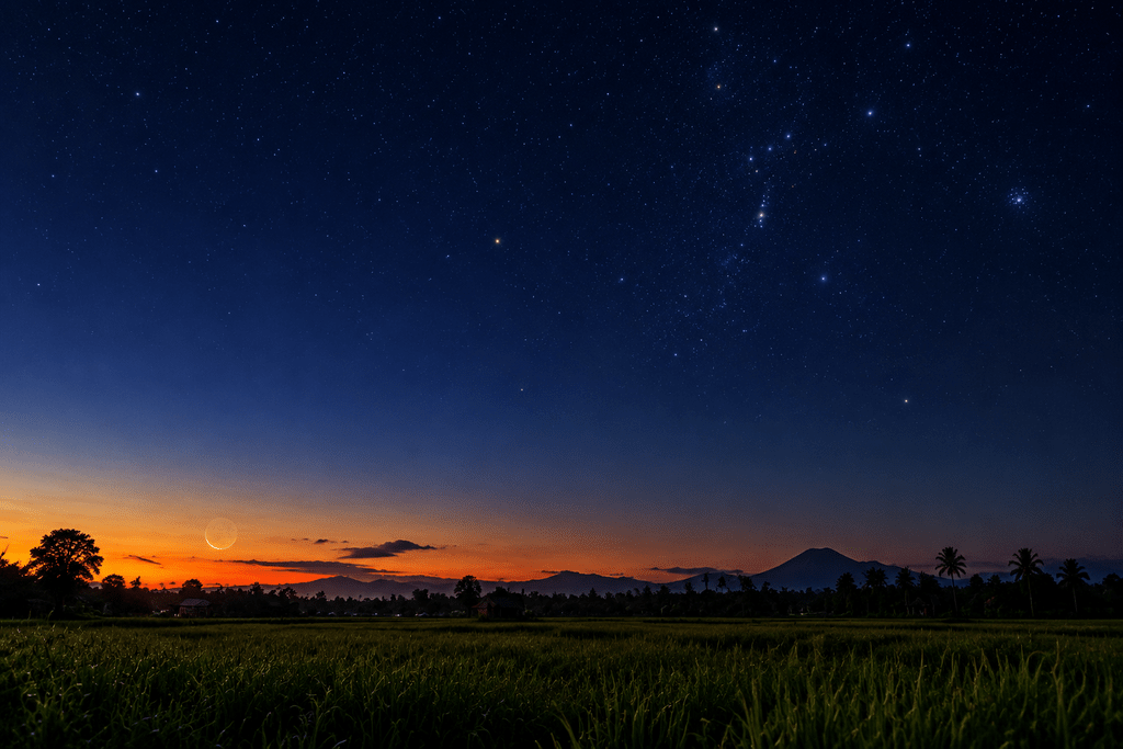 Siluet bulan sabit tipis terbenam menandai fase bulan baru optimal untuk pengamatan Epsilon-Perseid 2026.