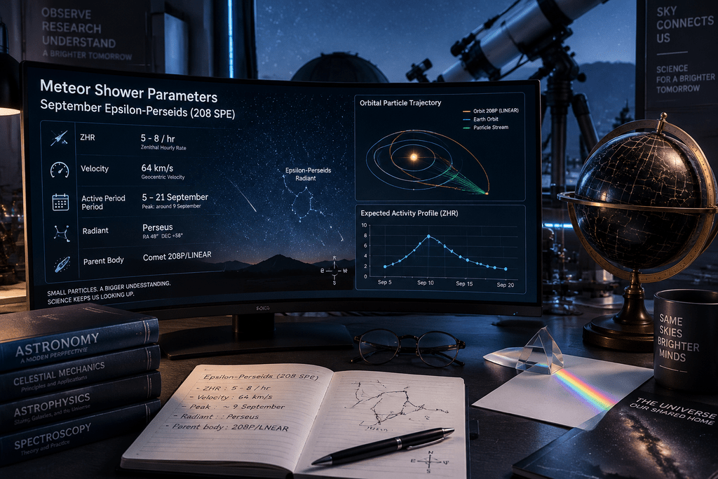 Monitor analisis data astronomi menampilkan grafik parameter ZHR dan kecepatan partikel meteor 64 km per detik.