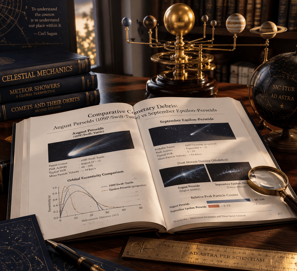Diagram perbandingan lintasan orbit komet induk Perseid Agustus dan September Epsilon-Perseid pada buku astronomi.