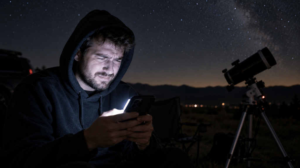 Pengamat tanpa sengaja menyalakan layar ponsel pintar terang yang merusak adaptasi gelap mata saat berburu meteor.
