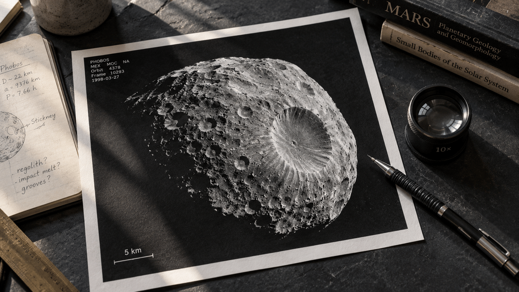 Citra hitam putih dari arsip astronomi yang memperlihatkan permukaan bertekstur tidak beraturan dan berkawah dari Phobos.