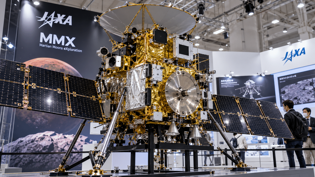 Replika detail skala penuh dari wahana Martian Moons eXploration (MMX) yang dipamerkan di museum atau fasilitas sains JAXA.