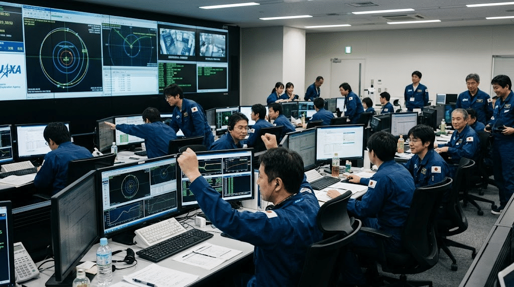 Para ilmuwan dan insinyur JAXA di ruang pusat kendali misi merayakan keberhasilan pemisahan wahana MMX dari roket pendorong.