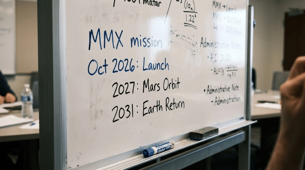 Papan tulis putih di ruang rapat ilmuwan yang memuat tulisan tangan linimasa misi MMX dari peluncuran hingga kepulangan sampel di 2031.