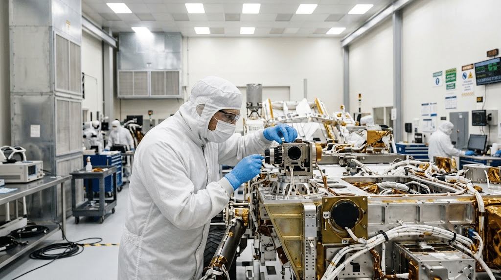 Insinyur ruang angkasa yang mengenakan pakaian pelindung steril (cleanroom suit) sedang merakit instrumen kamera pada modul wahana MMX.