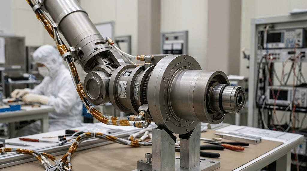 Tampilan jarak dekat lengan robot pengebor dan mekanisme sampler pneumatik yang dirancang khusus untuk kondisi minim gravitasi.