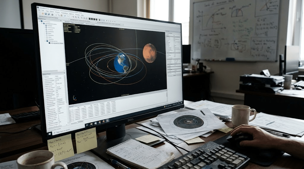 Layar komputer insinyur mekanika orbital yang menampilkan perangkat lunak simulasi rute lintasan antarplanet dari Bumi menuju sistem Mars.