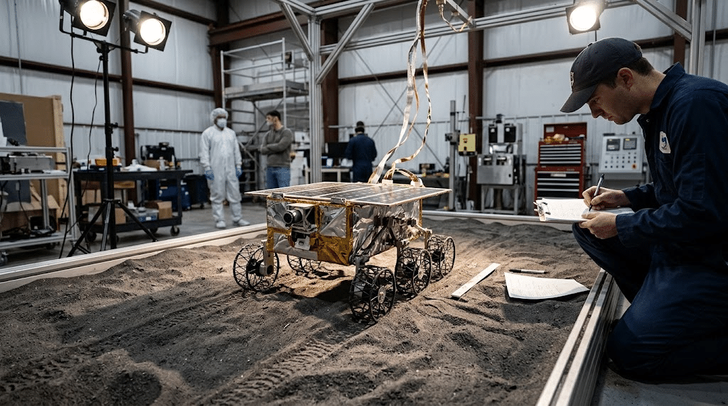Model uji coba rover IDEFIX sedang dijalankan di atas bak pasir simulasi (regolith) di laboratorium untuk menguji kemampuan bergeraknya.