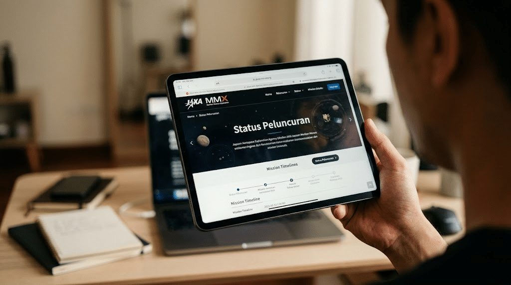 Seseorang membaca status peluncuran terbaru MMX dari situs web resmi JAXA melalui layar tablet untuk memverifikasi informasi.