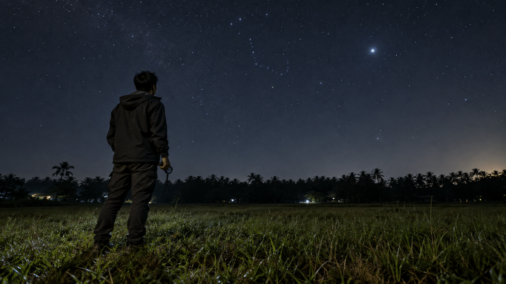 Pengamat amatir memandang ke arah langit utara mencari titik radian rasi Draco di atas garis batas horizon pepohonan.