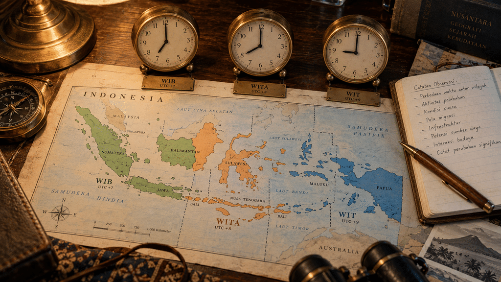 Peta tiga pembagian zona waktu Indonesia WIB WITA WIT berdampingan dengan jam meja analog menunjukkan pukul 19.00 hingga 21.00.
