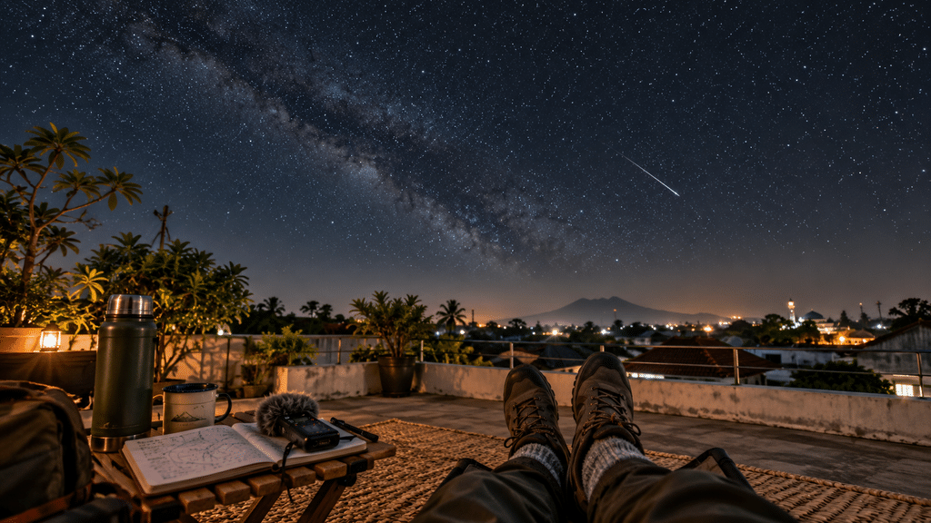 Pengamat merebahkan diri di atas tikar dan kursi santai luar ruang menatap kubah langit malam terbuka saat mencari meteor.
